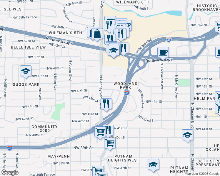 map of restaurants, bars, coffee shops, grocery stores, and more near 2029 Northwest 46th Street in Oklahoma City