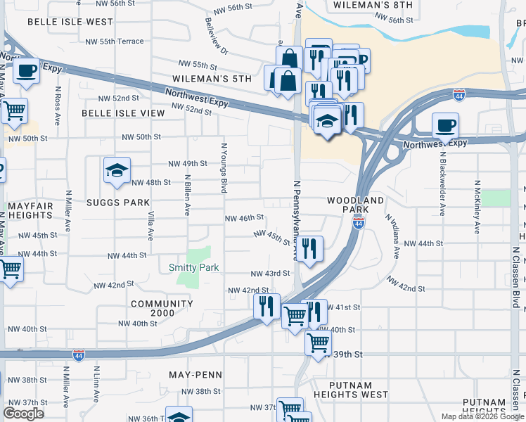 map of restaurants, bars, coffee shops, grocery stores, and more near 4616 North Barnes Avenue in Oklahoma City