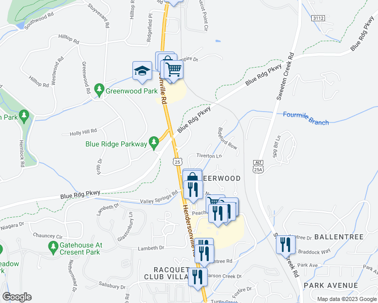 map of restaurants, bars, coffee shops, grocery stores, and more near 15 Tiverton Lane in Asheville