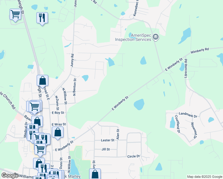 map of restaurants, bars, coffee shops, grocery stores, and more near 659 East Wimberly Street in Angier