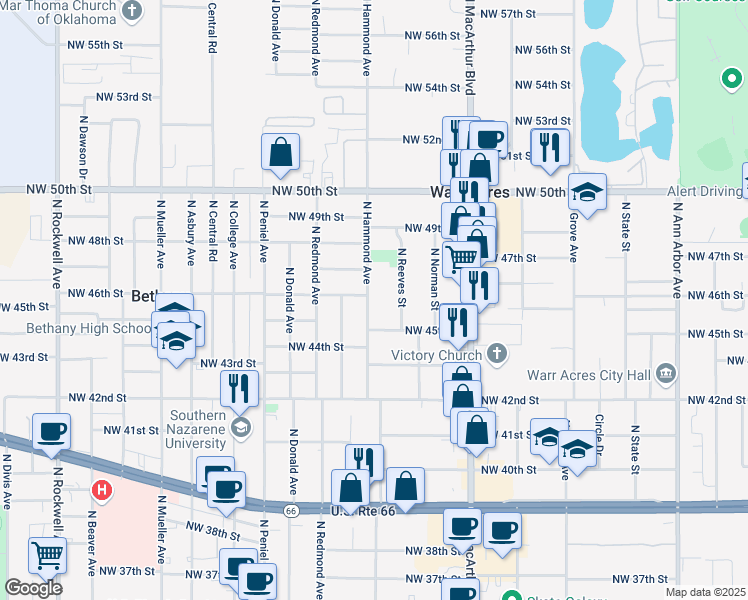 map of restaurants, bars, coffee shops, grocery stores, and more near 4612 North Hammond Avenue in Warr Acres