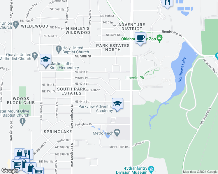 map of restaurants, bars, coffee shops, grocery stores, and more near 1744 Meyers Place in Oklahoma City