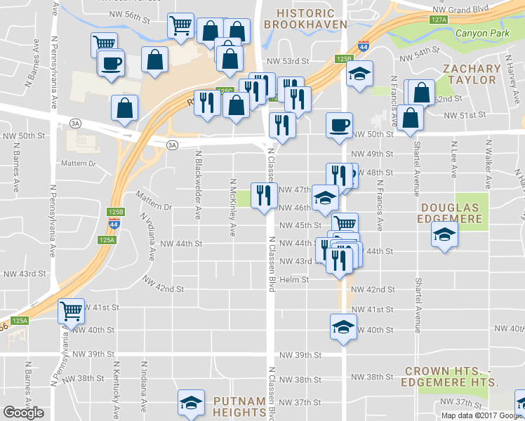 map of restaurants, bars, coffee shops, grocery stores, and more near 4619 North Classen Boulevard in Oklahoma City