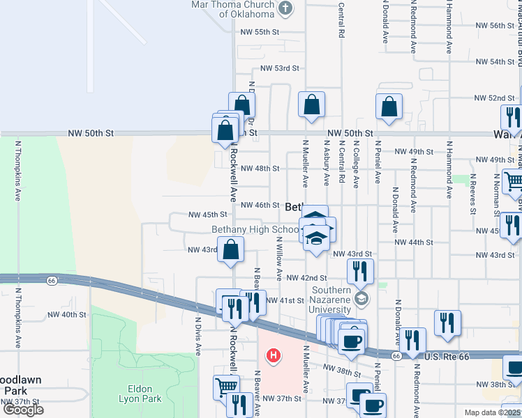 map of restaurants, bars, coffee shops, grocery stores, and more near 7004 Northwest 46th Street in Bethany