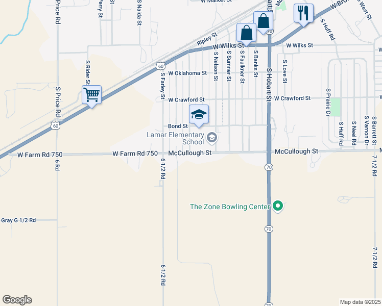 map of restaurants, bars, coffee shops, grocery stores, and more near 1499 McCullough Street in Pampa