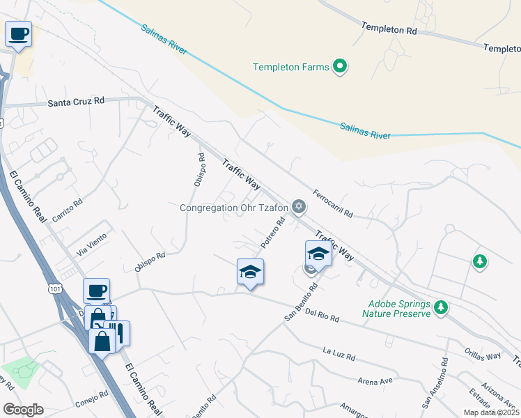 map of restaurants, bars, coffee shops, grocery stores, and more near 4100 Potrero Road in Atascadero