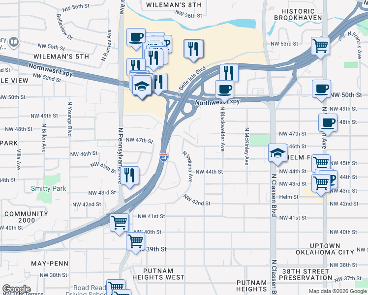 map of restaurants, bars, coffee shops, grocery stores, and more near 4616 North Indiana Avenue in Oklahoma City
