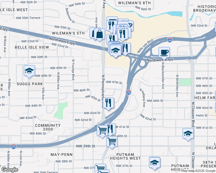 map of restaurants, bars, coffee shops, grocery stores, and more near 2029 Northwest 46th Street in Oklahoma City