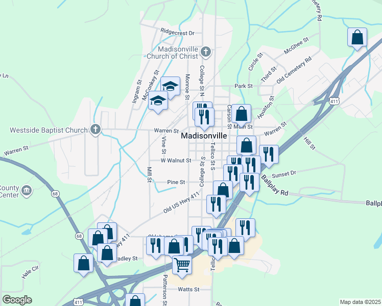 map of restaurants, bars, coffee shops, grocery stores, and more near 561 Monroe Street in Madisonville