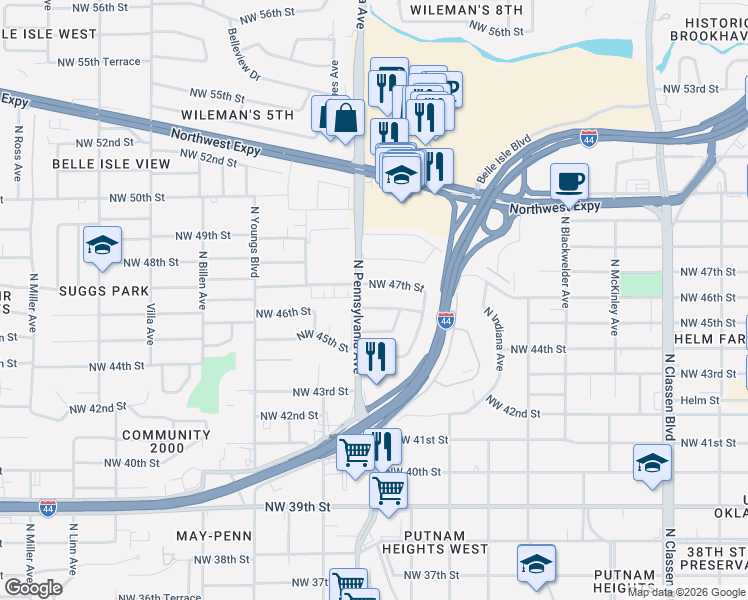 map of restaurants, bars, coffee shops, grocery stores, and more near 2029 Northwest 46th Street in Oklahoma City