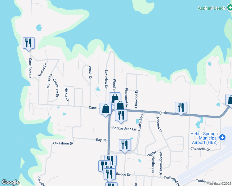 map of restaurants, bars, coffee shops, grocery stores, and more near 2327 Woodland Bluff Drive in Heber Springs