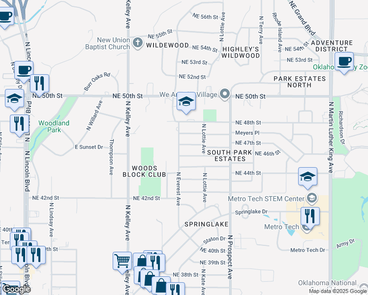 map of restaurants, bars, coffee shops, grocery stores, and more near 1206 Northeast 46th Street in Oklahoma City