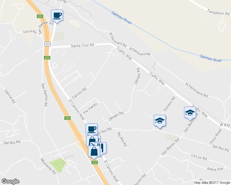 map of restaurants, bars, coffee shops, grocery stores, and more near 4640 Obispo Road in Atascadero