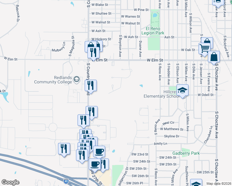 map of restaurants, bars, coffee shops, grocery stores, and more near 8945 South Airport Road in El Reno