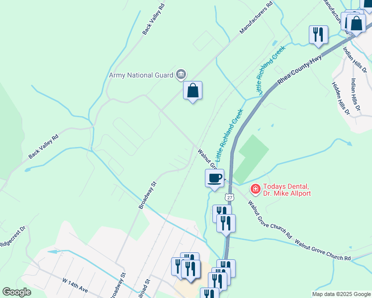 map of restaurants, bars, coffee shops, grocery stores, and more near 349 Broadway Street in Dayton