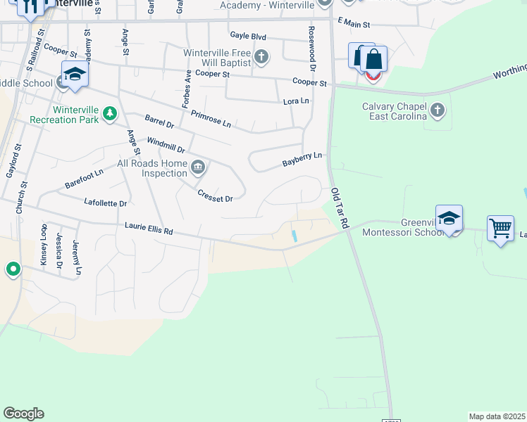 map of restaurants, bars, coffee shops, grocery stores, and more near 512 Brookfield Drive in Winterville