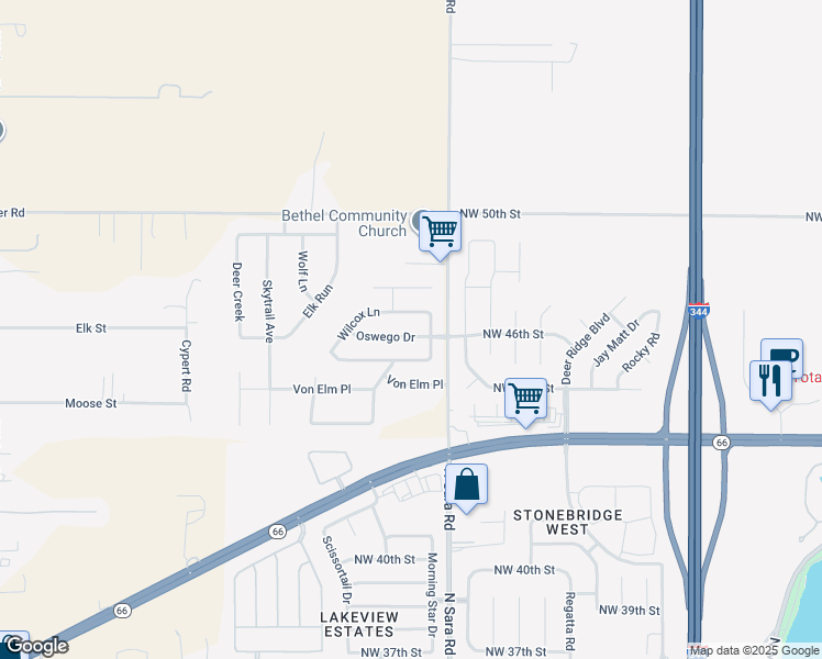 map of restaurants, bars, coffee shops, grocery stores, and more near 1345 Oswego Drive in Yukon