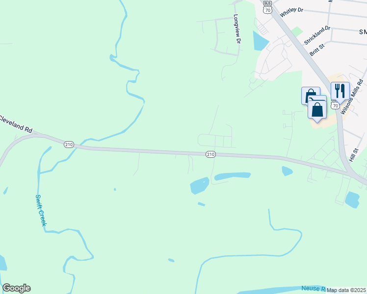 map of restaurants, bars, coffee shops, grocery stores, and more near 674 North Carolina 210 in Smithfield