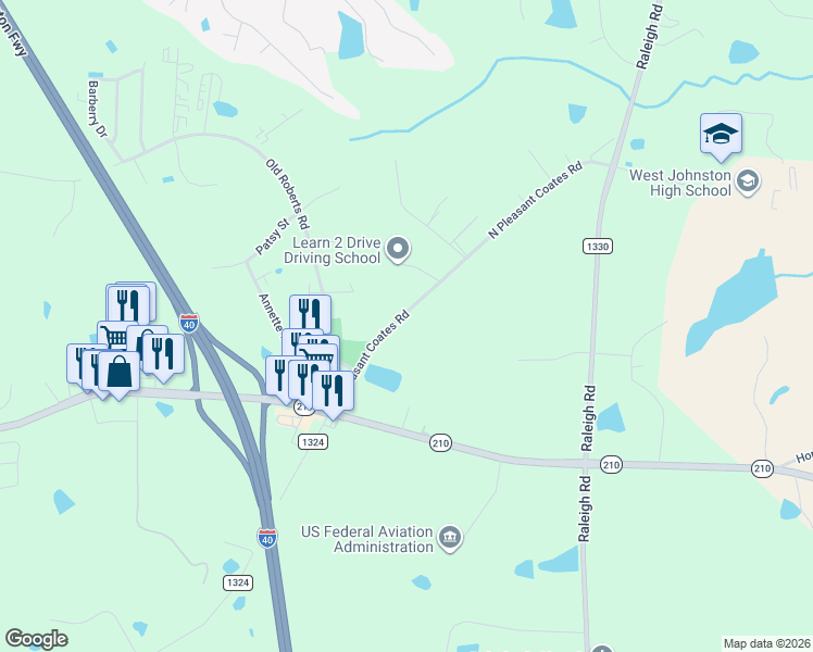 map of restaurants, bars, coffee shops, grocery stores, and more near 411 North Pleasant Coates Road in Benson