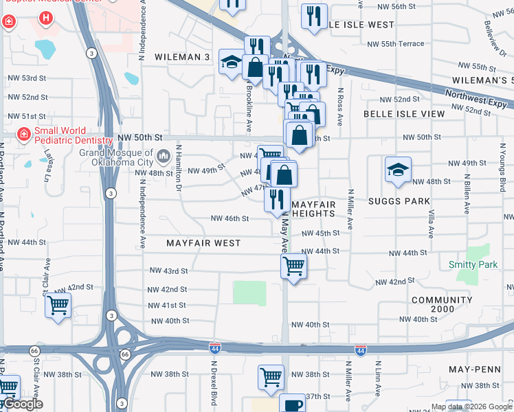 map of restaurants, bars, coffee shops, grocery stores, and more near 2930 Nimitz Boulevard in Oklahoma City