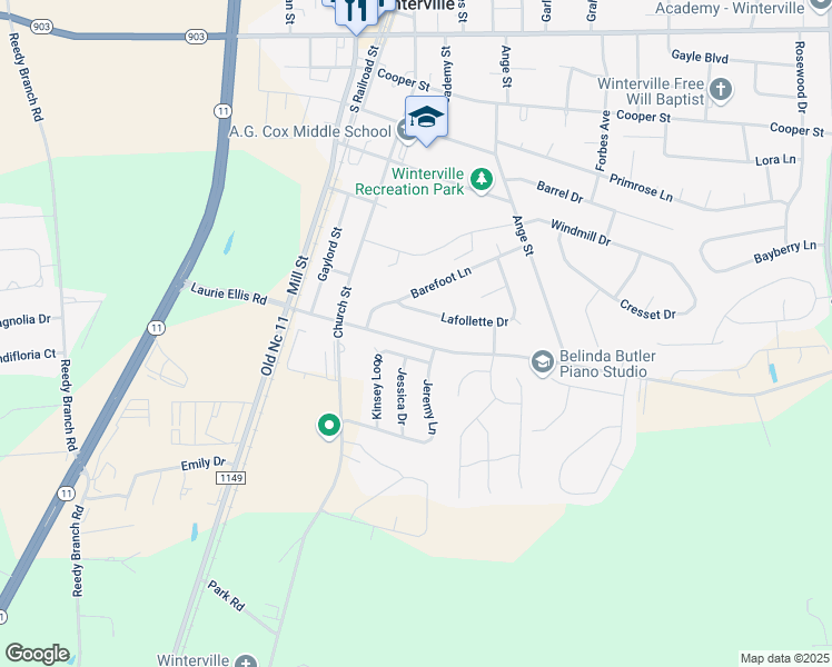 map of restaurants, bars, coffee shops, grocery stores, and more near 269 Laurie Ellis Road in Winterville
