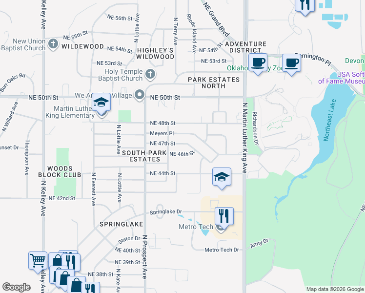 map of restaurants, bars, coffee shops, grocery stores, and more near 1625 Northeast 46th Street in Oklahoma City