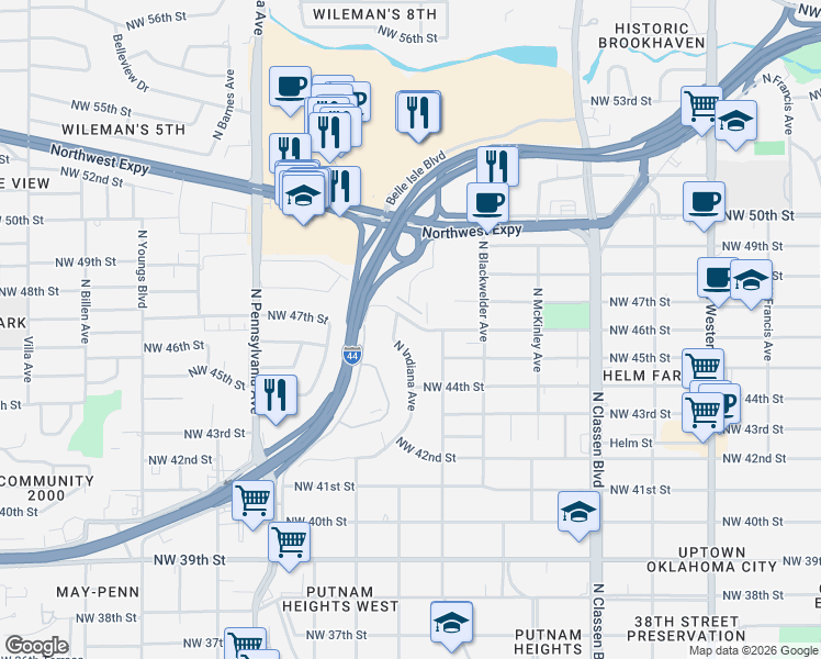 map of restaurants, bars, coffee shops, grocery stores, and more near 4616 North Indiana Avenue in Oklahoma City