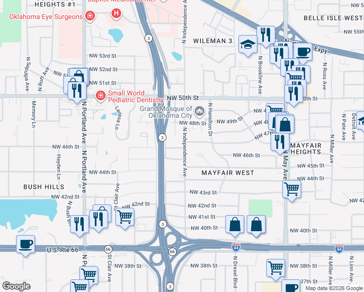 map of restaurants, bars, coffee shops, grocery stores, and more near 3304 Northwest 46th Street in Oklahoma City