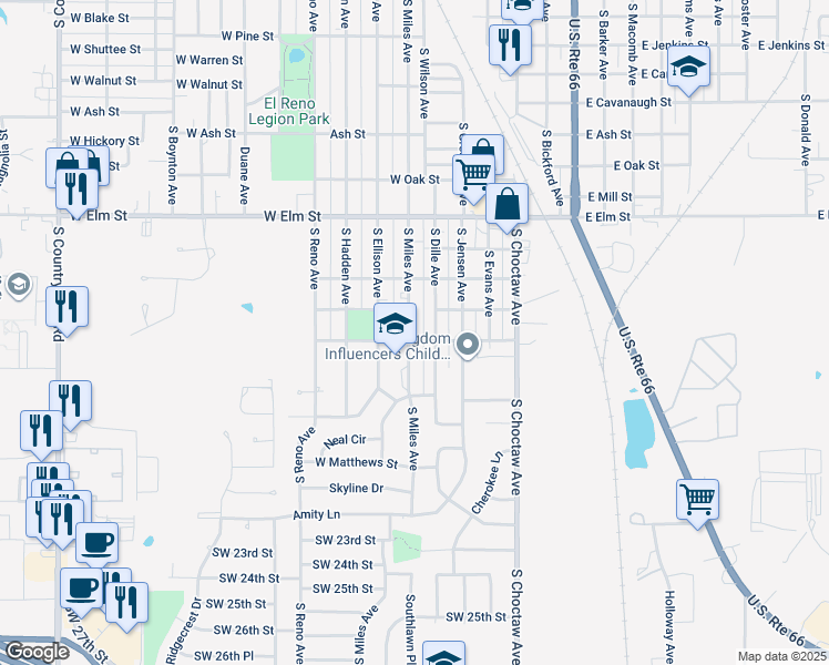 map of restaurants, bars, coffee shops, grocery stores, and more near 1149 S Miles Ave in El Reno