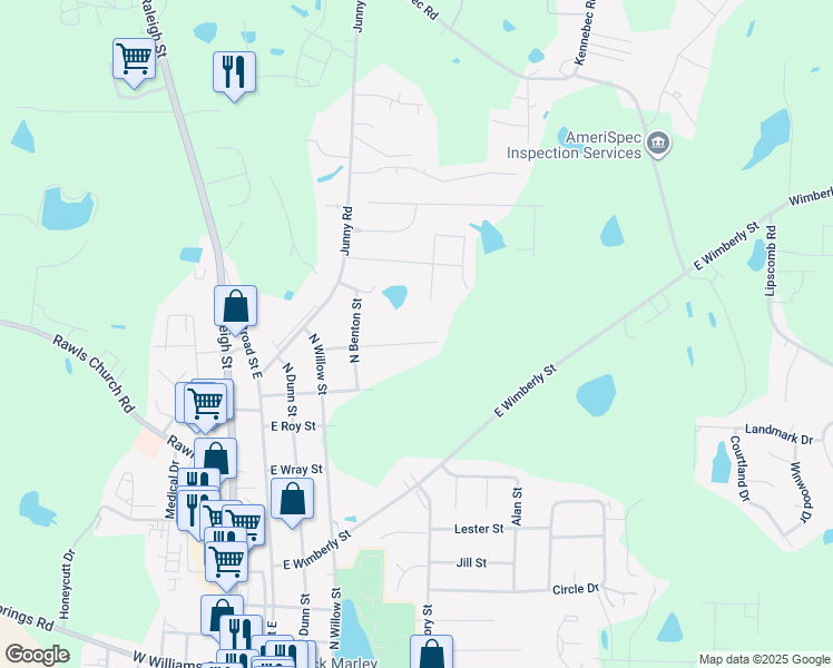 map of restaurants, bars, coffee shops, grocery stores, and more near 211 Jan Street in Angier