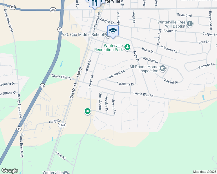 map of restaurants, bars, coffee shops, grocery stores, and more near 2932 Kinsey Loop in Winterville