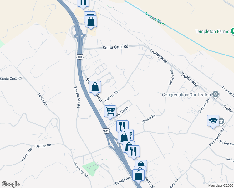 map of restaurants, bars, coffee shops, grocery stores, and more near 5555 Carrizo Road in Atascadero