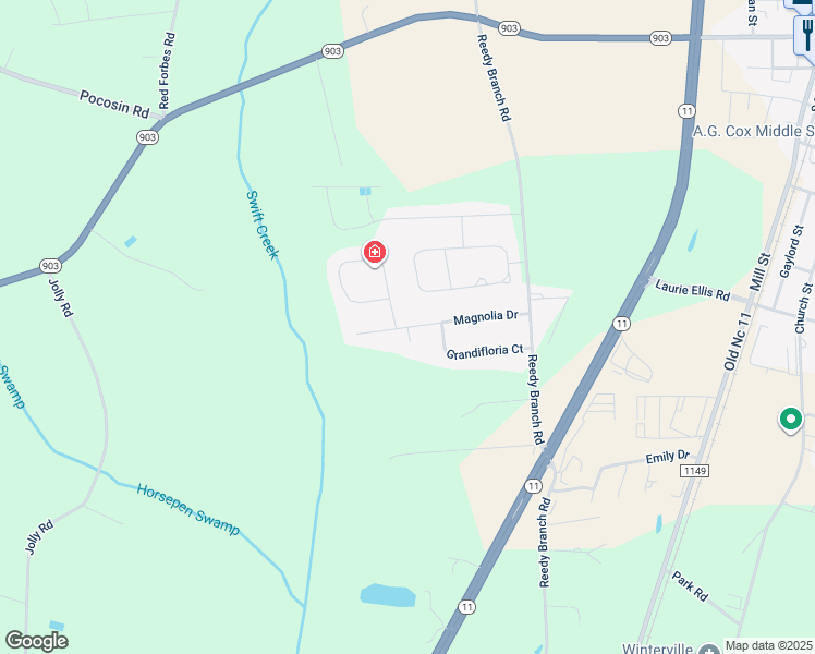 map of restaurants, bars, coffee shops, grocery stores, and more near Blossom Place in Winterville