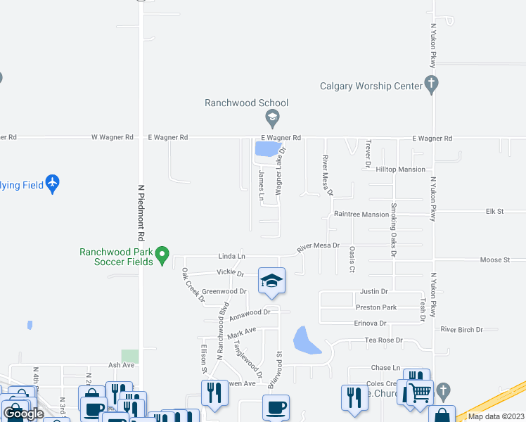 map of restaurants, bars, coffee shops, grocery stores, and more near 408 J.B. Street in Yukon