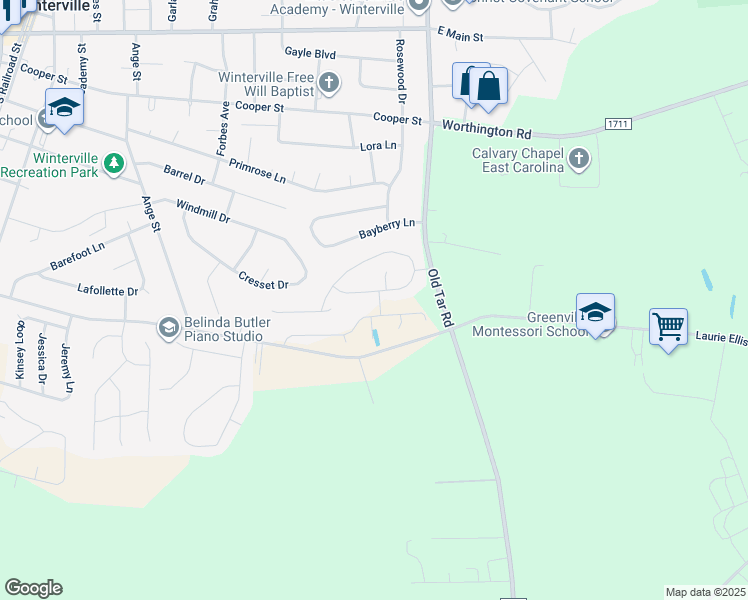 map of restaurants, bars, coffee shops, grocery stores, and more near 683 Brookfield Drive in Winterville