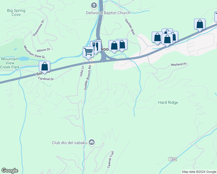 map of restaurants, bars, coffee shops, grocery stores, and more near 54 Buttercup Place in Maggie Valley
