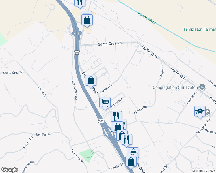 map of restaurants, bars, coffee shops, grocery stores, and more near 5400 Carrizo Rd in Atascadero