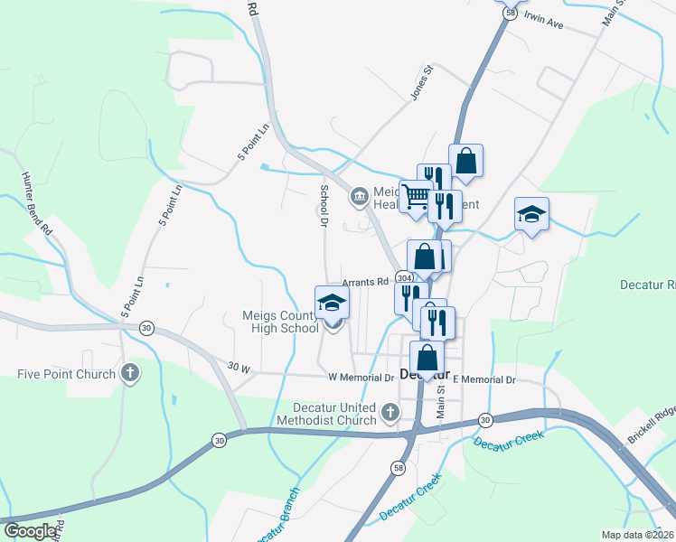 map of restaurants, bars, coffee shops, grocery stores, and more near 270 School Drive in Decatur