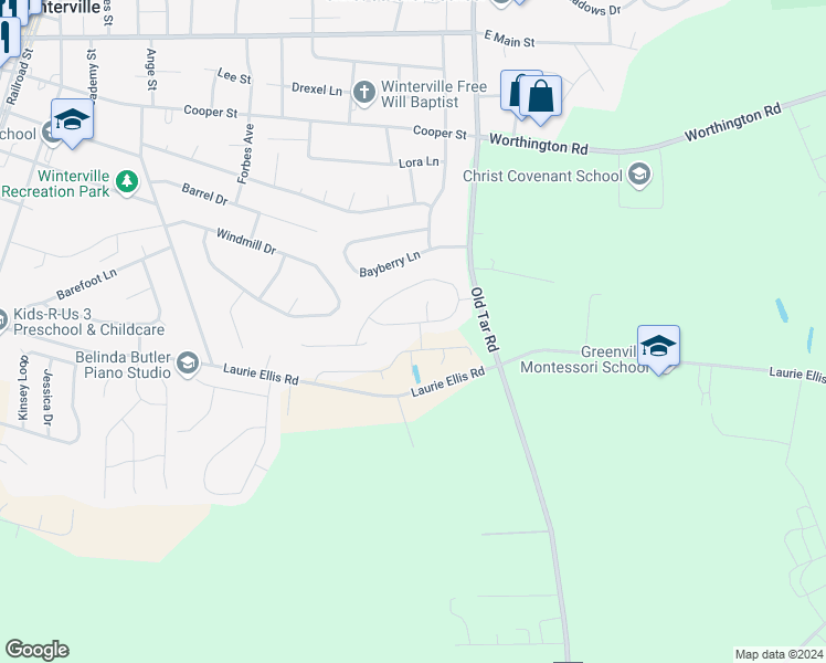 map of restaurants, bars, coffee shops, grocery stores, and more near 683 Brookfield Drive in Winterville