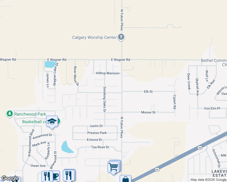 map of restaurants, bars, coffee shops, grocery stores, and more near 1058 Raintree Mansion in Yukon