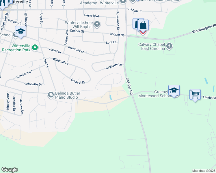 map of restaurants, bars, coffee shops, grocery stores, and more near 689 Brookfield Drive in Winterville