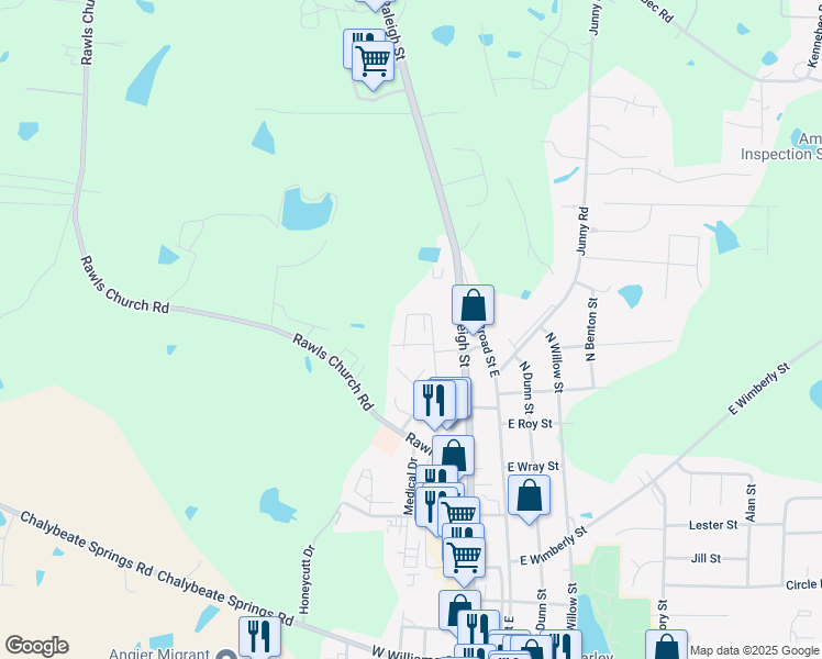 map of restaurants, bars, coffee shops, grocery stores, and more near 167 Shelly Drive in Angier