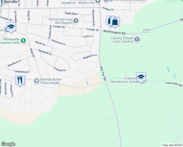 map of restaurants, bars, coffee shops, grocery stores, and more near 661 Brookfield Drive in Winterville