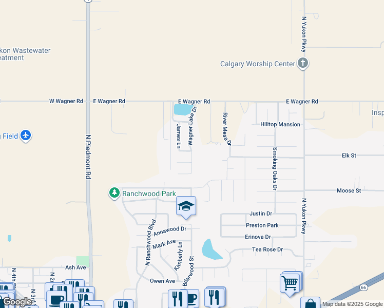 map of restaurants, bars, coffee shops, grocery stores, and more near 4605 Wagner Lake Dr in Yukon