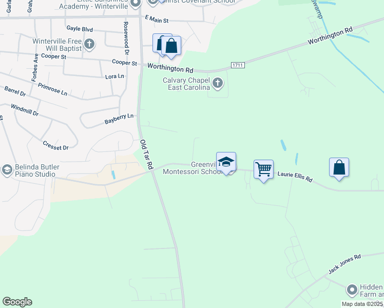 map of restaurants, bars, coffee shops, grocery stores, and more near 753 Laurie Ellis Road in Winterville