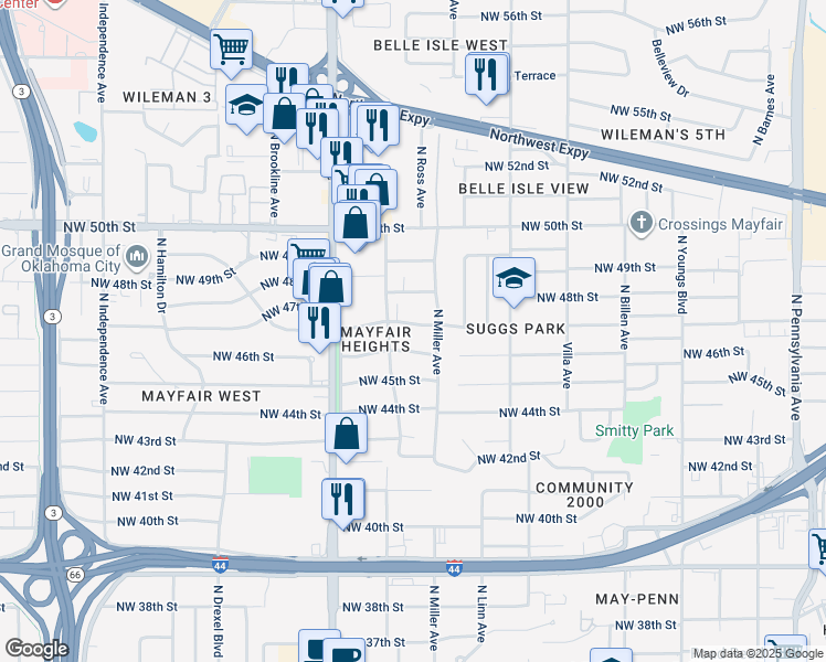 map of restaurants, bars, coffee shops, grocery stores, and more near 2716 Northwest 47th Street in Oklahoma City