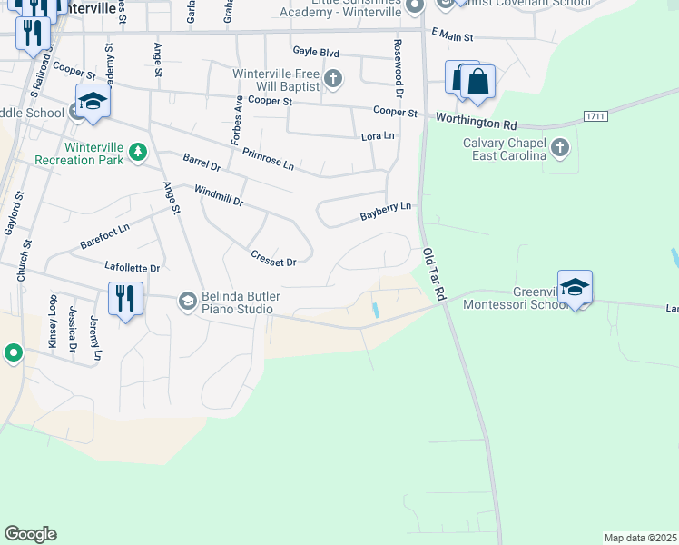 map of restaurants, bars, coffee shops, grocery stores, and more near 2810 Basil Lane in Winterville