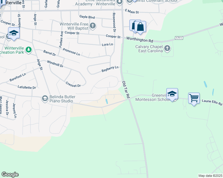 map of restaurants, bars, coffee shops, grocery stores, and more near 661 Brookfield Drive in Winterville