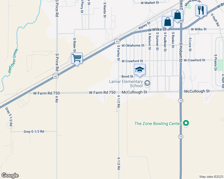 map of restaurants, bars, coffee shops, grocery stores, and more near 1720 McCullough Street in Pampa