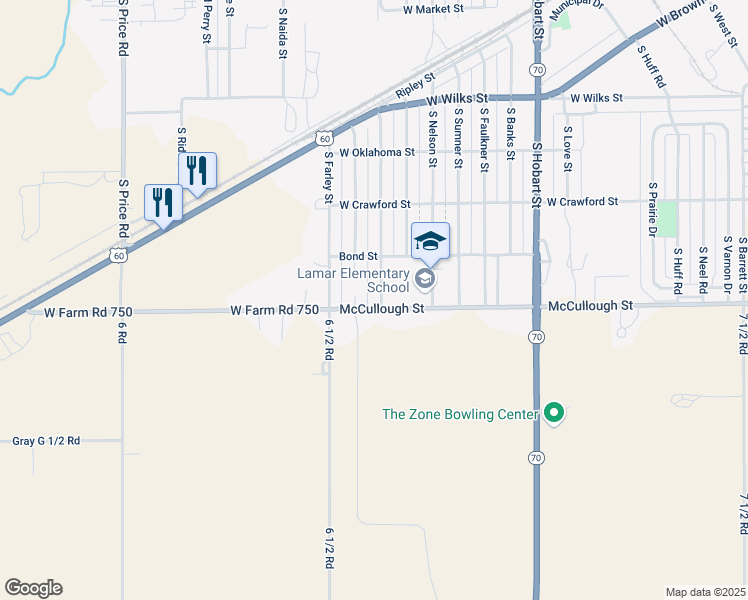 map of restaurants, bars, coffee shops, grocery stores, and more near 1499 W Farm to Market Road 750 in Pampa